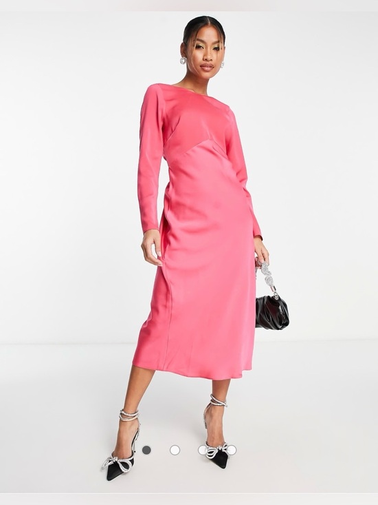 ASOS DESIGN Women's Satin Long Sleeve Midi Dress with Drawstring Back